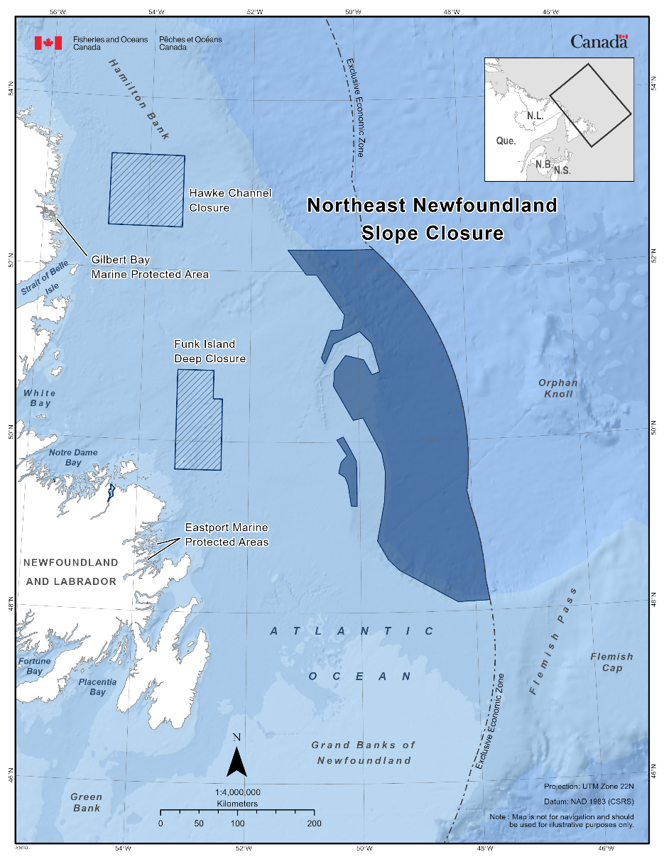 Map of the Northeast Newfoundland Slope Closure in dark blue. The map also features other marine refuges nearby with dark blue diagonal lines (Hawke Channel Closure & Funk Island Deep Closure).
