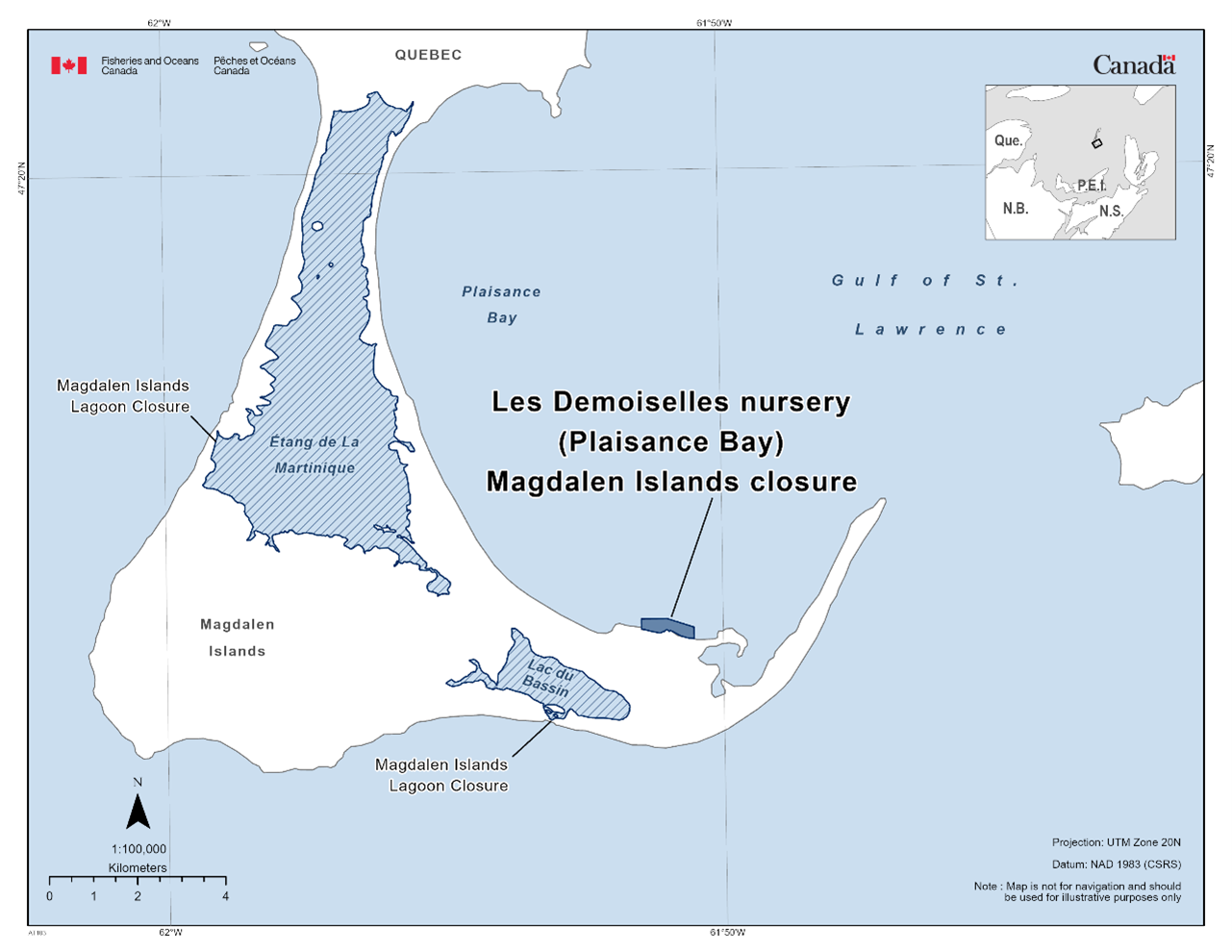 Map of the Les Demoiselles nursery (Plaisance Bay) Magdalen Islands closure indicated in dark blue. The Magdalen Islands Lagoon Closure is featured with diagonal lines.