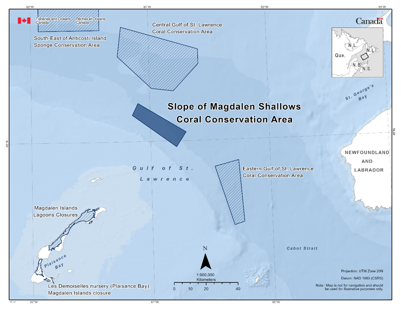 Map of the Slope of Magdalen Shallows Coral Conservation Area depicted in dark blue. The map also includes the marine refuges nearby with dark blue diagonal lines (South-East of Anticosti Island Sponge Conservation Area, Central Gulf of St. Lawrence Coral Conservation Area, Eastern Gulf of St. Lawrence Coral Conservation Area, Magdalen Islands Lagoons closure).