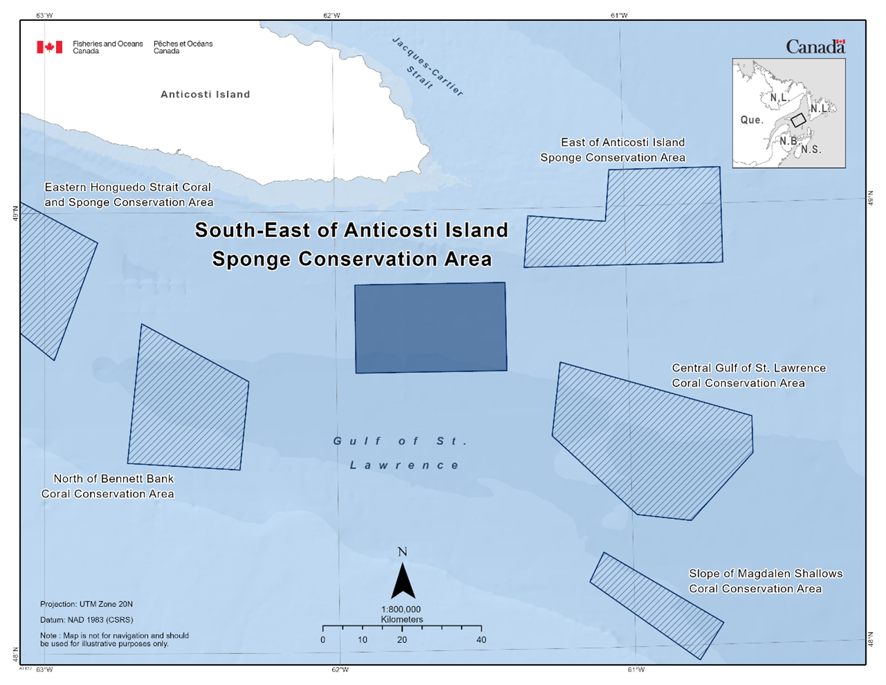 Map of the South-East of Anticosti Island Sponge Conservation Area in dark blue. The map also features other marine refuges nearby with dark blue diagonal lines (Eastern Honguedo Strait Coral and Sponge Conservation Area, East of Anticosti Island Sponge Conservation Area, North of Bennett Bank Coral Conservation Area, Central Gulf of St. Lawrence Coral Conservation Area, Slope of Magdalen Shallows Coral Conservation Area).