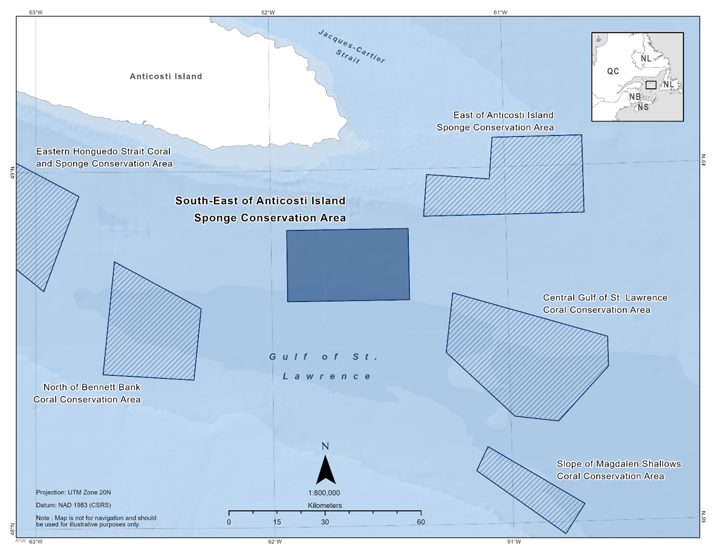 Map of the South-East of Anticosti Island Sponge Conservation Area in dark blue. The map also features other marine refuges nearby with dark blue diagonal lines (Eastern Honguedo Strait Coral and Sponge Conservation Area, East of Anticosti Island Sponge Conservation Area, North of Bennett Bank Coral Conservation Area, Central Gulf of St. Lawrence Coral Conservation Area, Slope of Magdalen Shallows Coral Conservation Area).