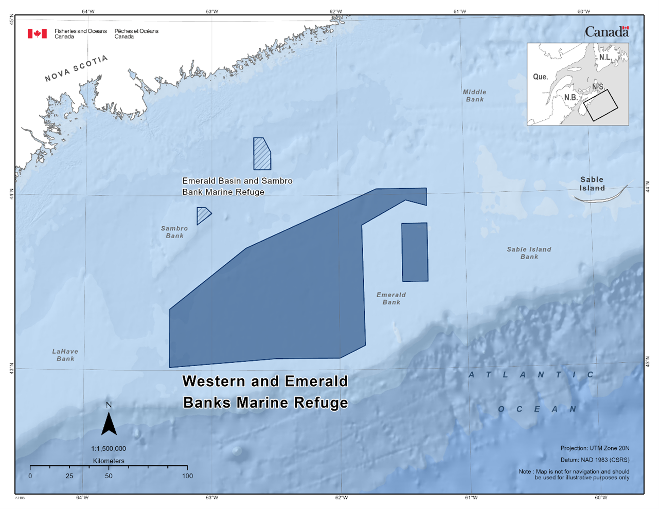 Map of the Western and Emerald Banks Marine Refuge in dark blue. The map also features other marine refuges nearby with dark blue diagonal lines (Emerald Basin and Sambro Bank Marine Refuge).