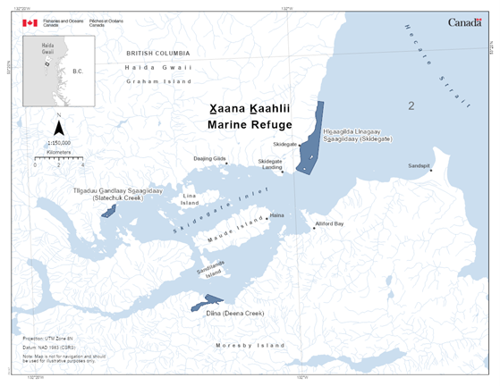 Map of the X̲aana K̲aahlii Marine Refuge in dark blue located within Skidegate Inlet.