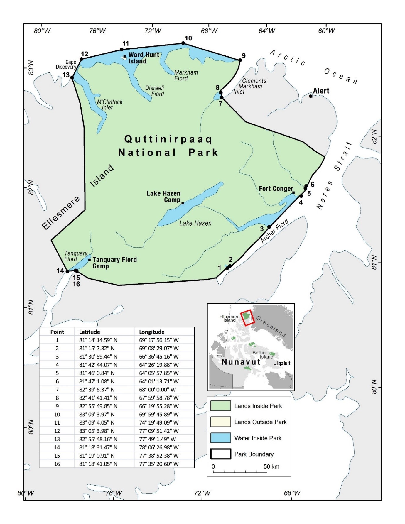 Map of Quttinirpaaq National Park of Canada with coordinate points to indicate its boundary when accessed by water.