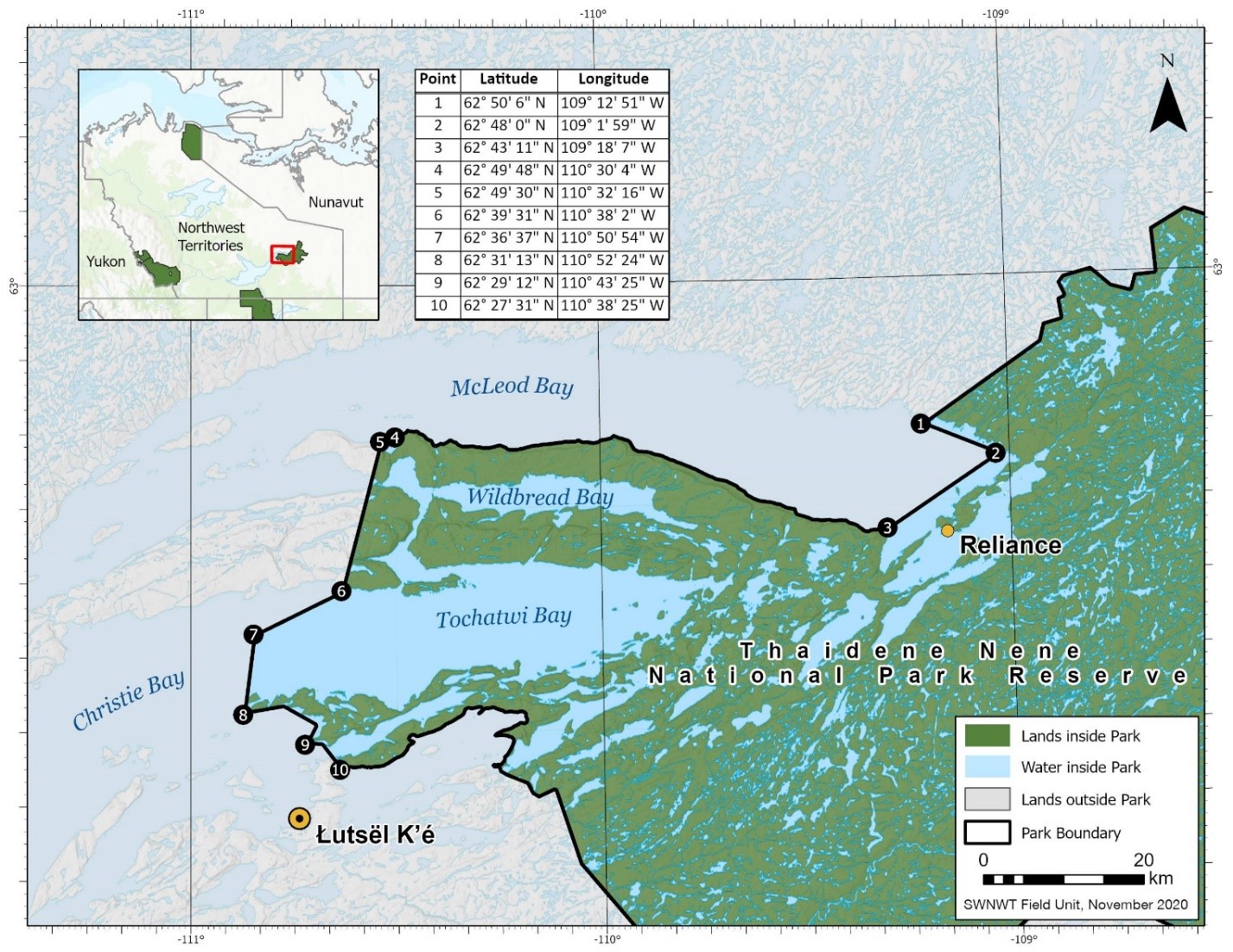 Map of Thaidene Nene National Park Reserve of Canada with coordinate points to indicate its boundary when accessed by water.