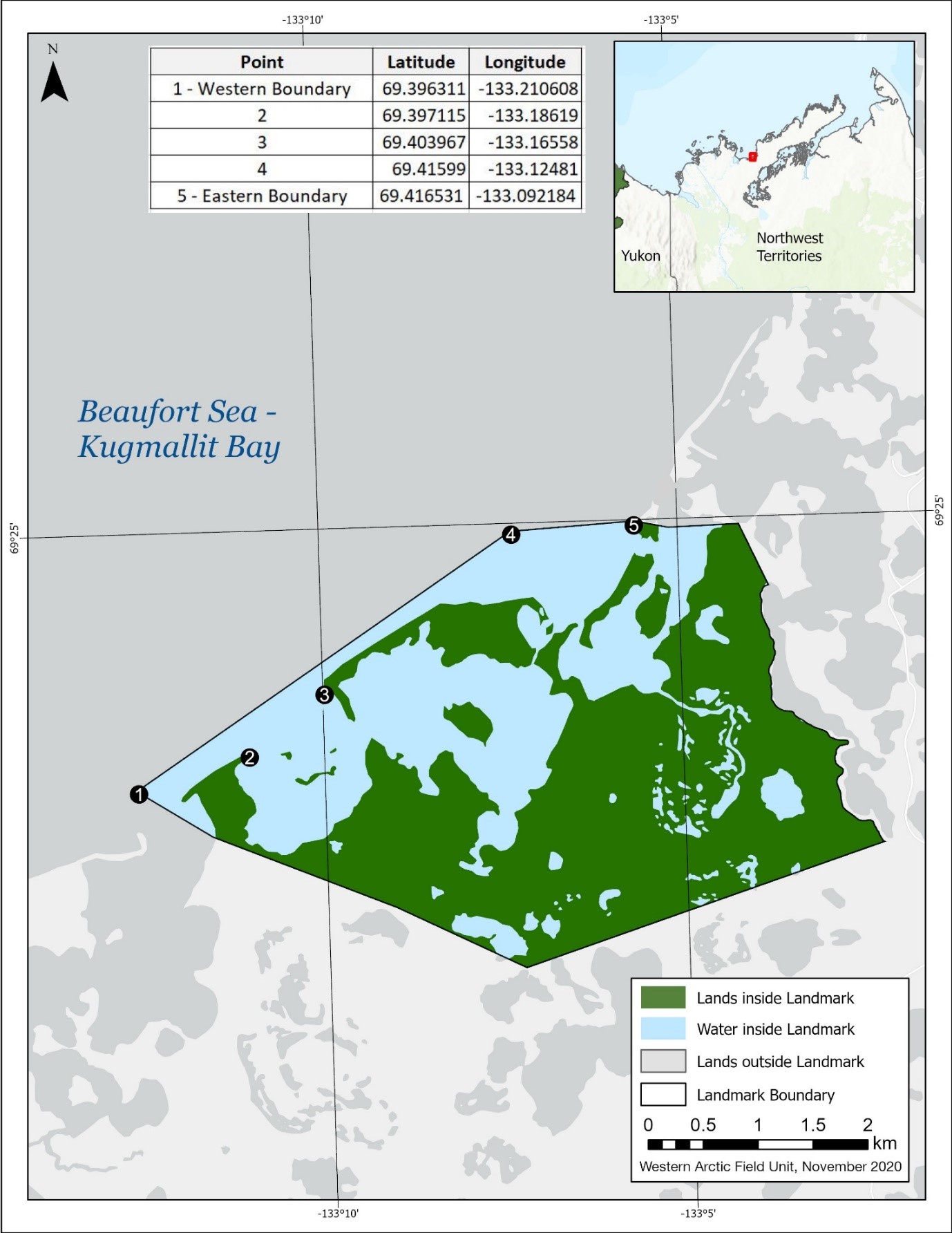 Map of Pingo Canadian Landmark National Historic Site of Canada with coordinate points to indicate its boundary when accessed by water.