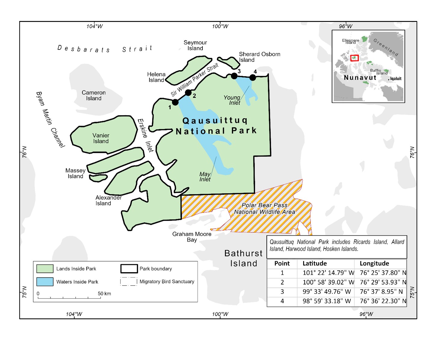 Map of Qausuittuq National Park of Canada with coordinate points to indicate its boundary when accessed by water.