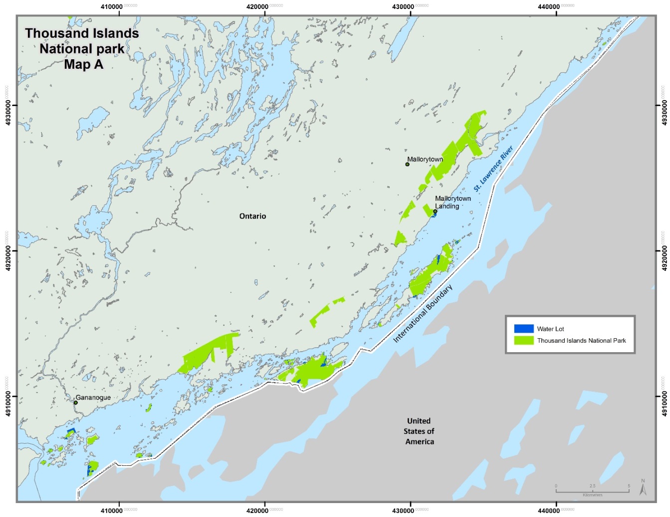 Map of Thousand Islands National Park of Canada with colour to indicate its boundary.