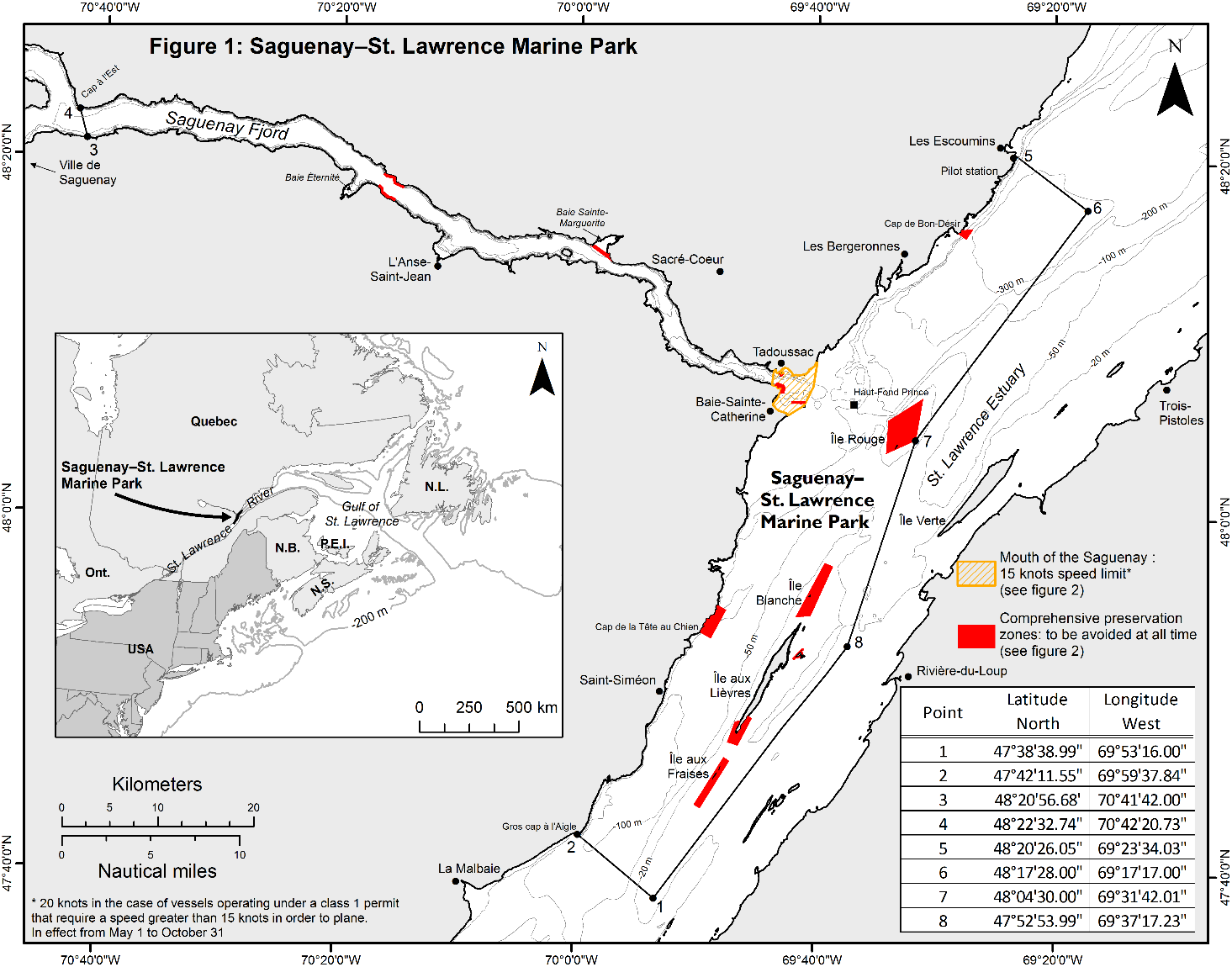 Map of Saguenay-St. Lawrence Marine Park with coordinate points to indicate its boundary.