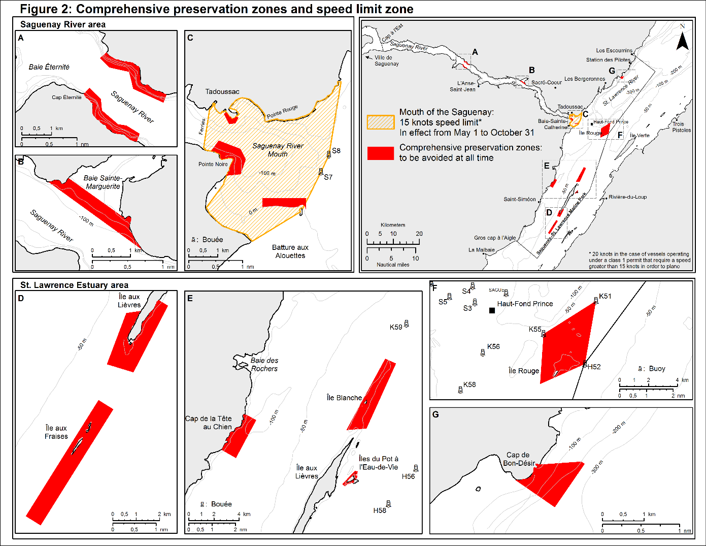 Map showing with colour the different preservation and speed limit zones in Saguenay-St. Lawrence Marine Park.