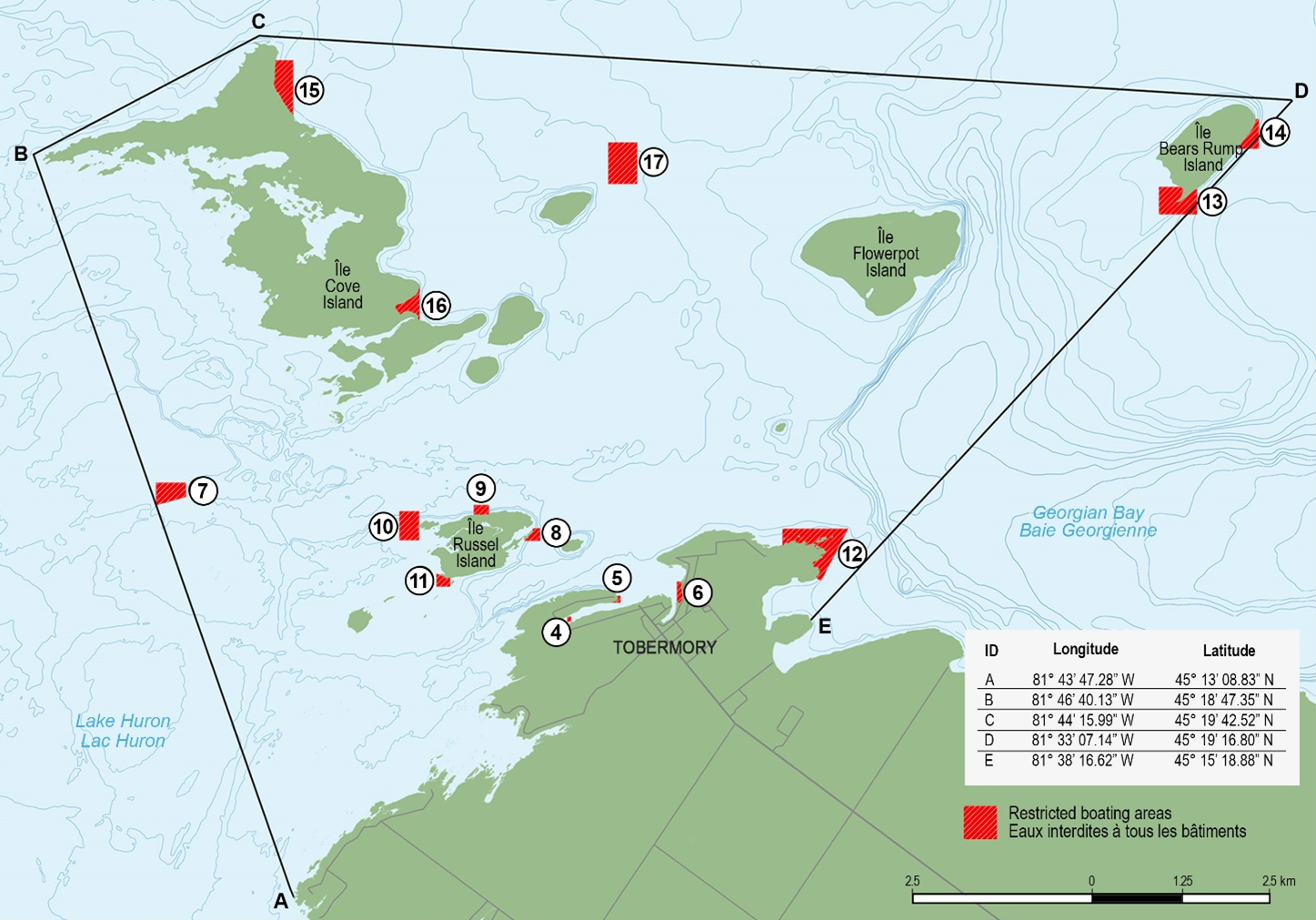 Map showing with colour and coordinate points the restricted navigation zones in Fathom Five National Marine Park.
