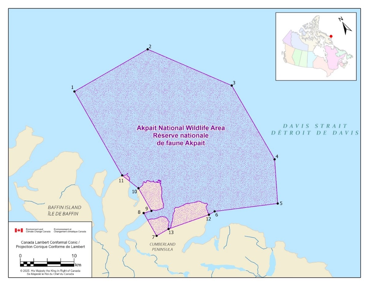 Map showing the geographic boundaries of Akpait National Wildlife Area.