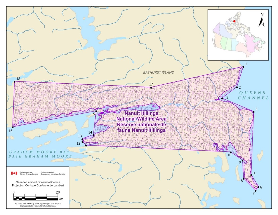 Map showing the geographic boundaries of Nanuit Itillinga National Wildlife Area.