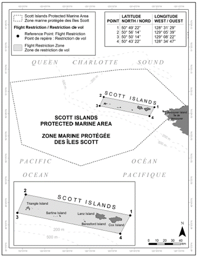 Map showing the Flight Restriction Zone for Scott Islands marine National Wildlife Area. The boundaries of Scott Islands marine National Wildlife Area are indicated. An inset list the latitude and longitude coordinates of the Flight Restriction Zone within the marine National Wildlife Area. The scale on the map is in tens of kilometers.