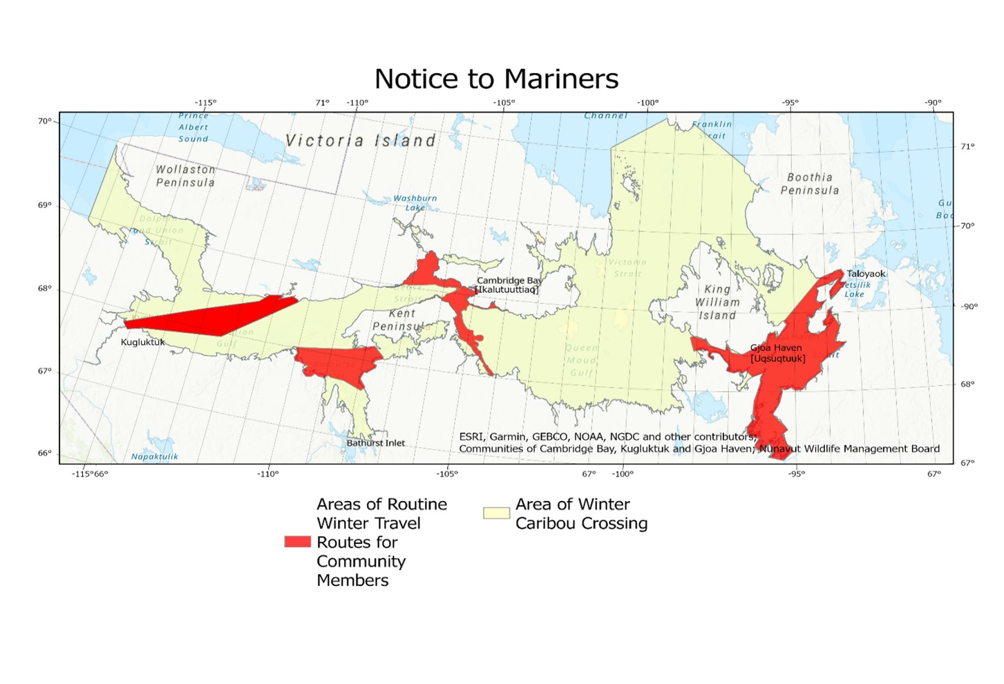 Map of the Kitikmeot region indicating the Caribou sea ice crossing area in yellow and community members sea ice crossing areas in red.