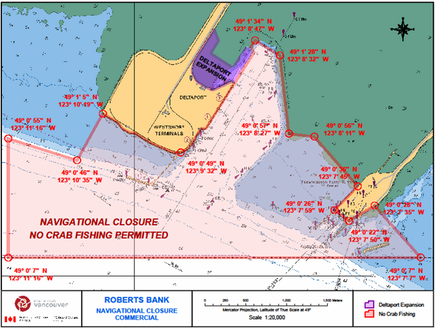 Navigational Closure Map  Map of Deltaport and Tsawwassen Ferry Terminal showing area closed to crab fishing. 