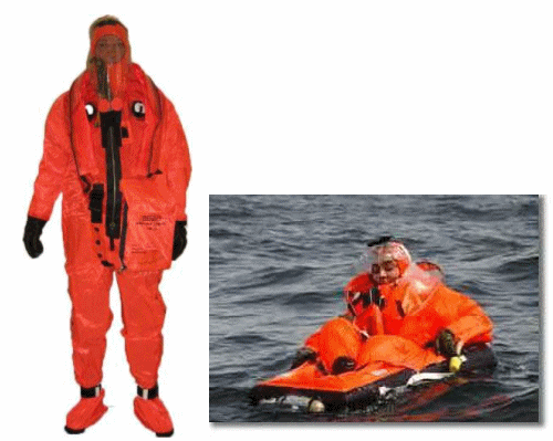 Photo 1 Submarine Escape Suit type Mk10 and Photo 2 Submarine Escape Suit type Mk10 with one Man Life Raft type MK18 