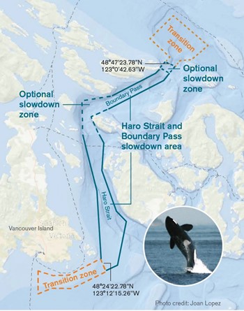 Carte rectangulaire bleue, jaune et orange montrant la zone de ralentissement
  volontaire des navires dans le détroit de Haro et le passage de Boundary dans
  la région de l'Ile de Vancouver. On voit aussi une image dans un cercle d'un 
  épaulard résident du sud sautant hors de l'eau. 