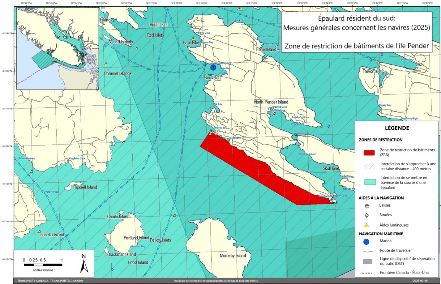 Carte rectangulaire grise, verte et jaune. L'ile Pender, qui est une zone de
  refuge provisoire, est illustrée en rouge. Ceci fait partie des mesures 
  générales concernant les navires dans le dossier des épaulards résidents du sud. 