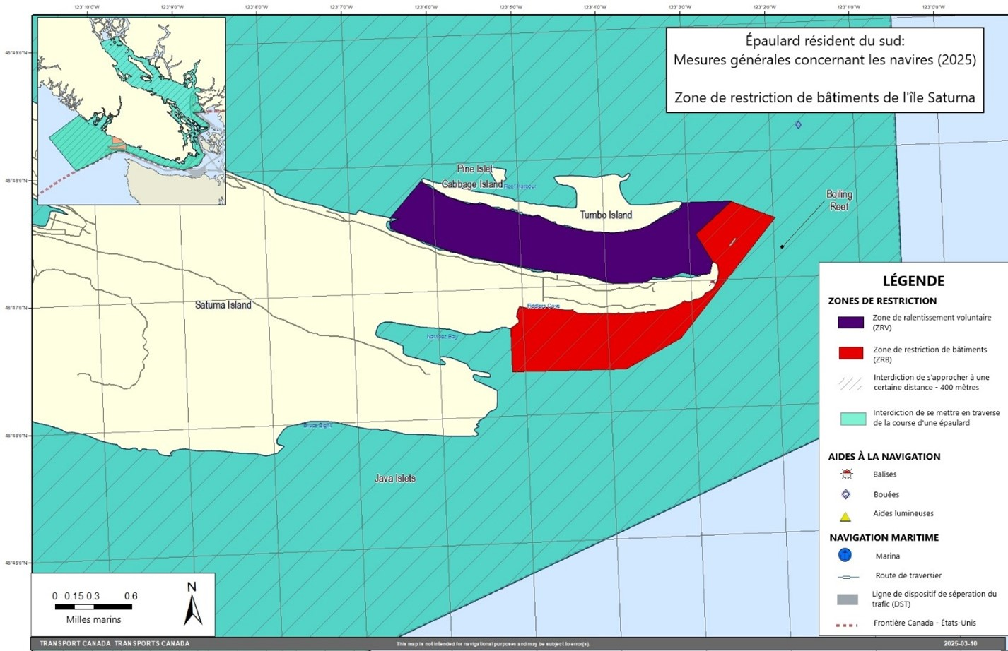Carte rectangulaire grise, bleue, verte et jaune. L'ile Saturna, est une 
  zone de refuge provisoire, est illustrée en rouge. Ceci fait partie des mesures 
  générales concernant les navires dans le dossier des épaulards résidents du sud. 