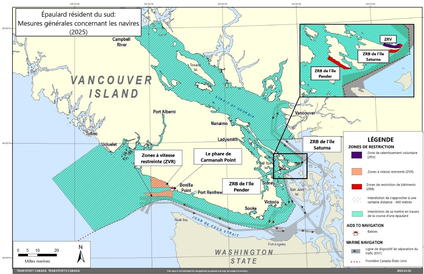 Carte rectangulaire de couleur grise, jaune, verte et bleue illustrant les 
  mesures générales relatives aux navires pour l'épaulard résident du sud dans
  les régions de l'Ile de Vancouver et l'État de Washington.