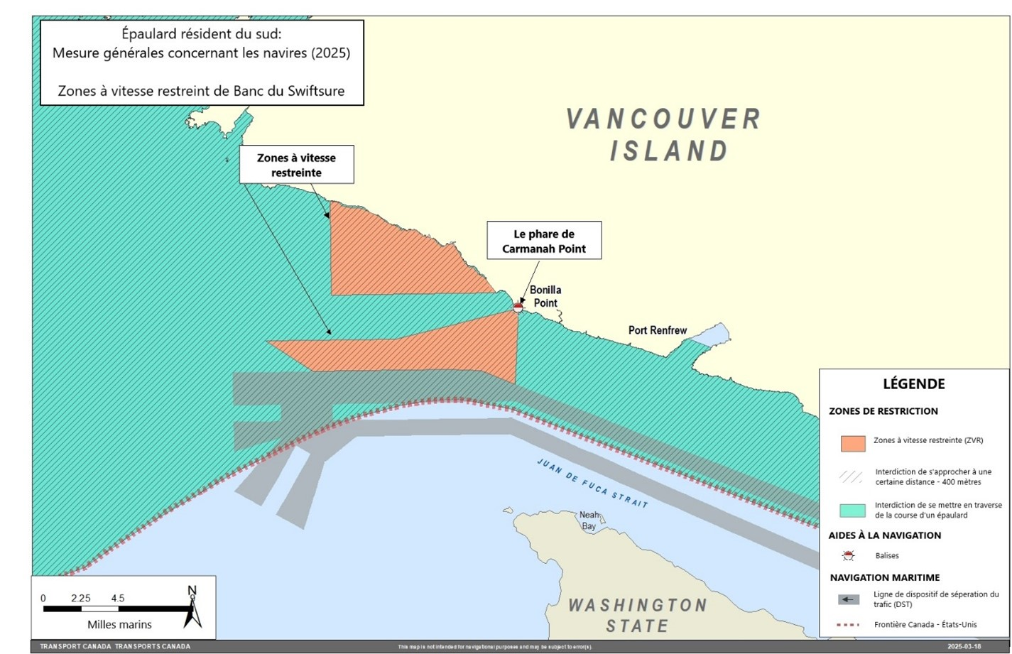 Carte rectangulaire grise, bleue, verte et jaune. L'ile Saturna, est une zone
  de refuge provisoire, est illustrée en rouge. Ceci fait partie des mesures 
  générales concernant les navires dans le dossier des épaulards résidents du sud. 