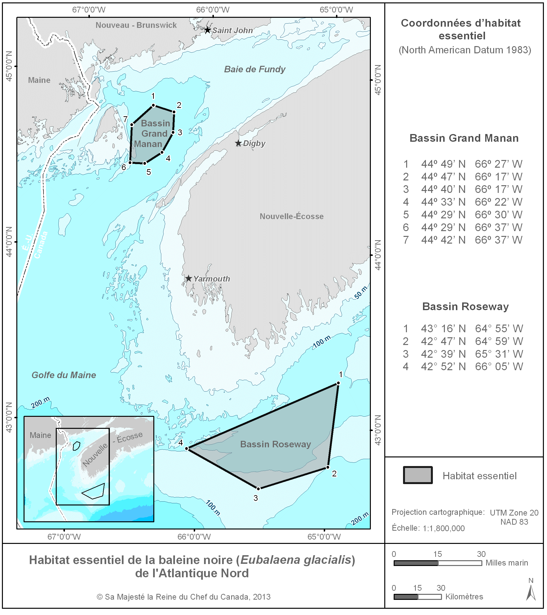 Carte rectangulaire bleue et grise illustrant l'habitat essentiel de la baleine noire de l'Atlantique Nord, avec les coordonnées du Bassin Grand Manan et du Bassin Roseway.