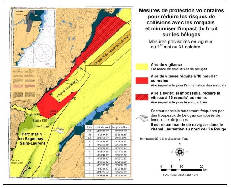 Carte carrée 
        illustrant les mesures de protection volontaires pour
        réduire les risques de collisions avec les rorquals
        et minimiser l'impact du bruit sur les bélugas. 
        L'aire de vigilance est en jaune, l'aire de vitesse 
        réduite à 10 noeuds ou moins est en rouge et l'aire 
        à éviter est en rouge ligné. 