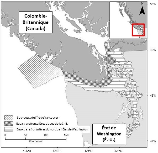 Carte rectangulaire grise, blanche et rouge illustrant l'habitat essentiel de l'épaulard résident du sud, en Colombie-Britannique au Canada et dans l'état de Washington aux États-Unis. 