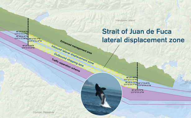 Carte rectangulaire bleue, jaune, verte et mauve 
                     montrant la zone de déplacement latéral côtier volontaire
                     du détroit de Juan de Fuca. On peut aussi voir une image 
                     dans un cercle d'un épaulard résident du sud sautant hors
                     de l'eau.