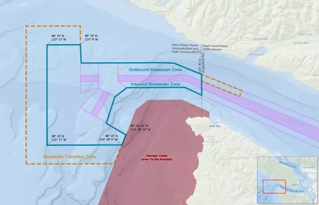 Carte rectangulaire bleue, orange et mauve, illustrant la zone d'essai de ralentissement volontaire du banc Swiftsure dans le cadre des mesures générales pour les navires dans le dossier des épaulards résidents du sud. 