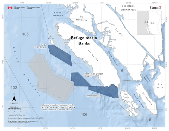 Carte du refuge marin Banks en bleu foncé. La carte montre également le détroit d'Hécate et la zone marine protégée des récifs de sponges de verre du détroit de la Reine-Charlotte.