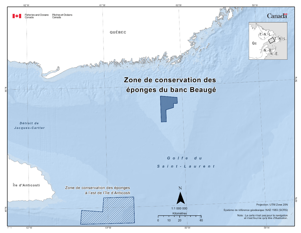 Carte de la zone de conservation des éponges du banc Beaugé représentée en bleu foncé. La carte inclut également d'autres refuges marins dans la zone avec des lignes diagonales bleu foncé (zone de conservation de l'éponge à l'est de l'île d'Anticosti).