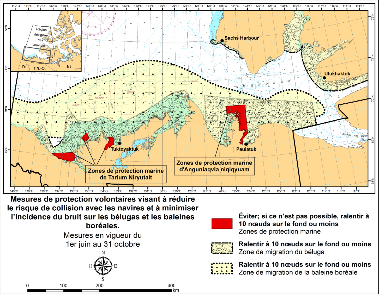 Carte des mesures de protection volontaires visant à réduire les risques de collision avec les navires et à minimiser l'impact du bruit sur les bélugas et les baleines boréales. La carte présente les aires marines protégées de Tarium Niryutait et d'Anguniaqvia niqiqyuam.