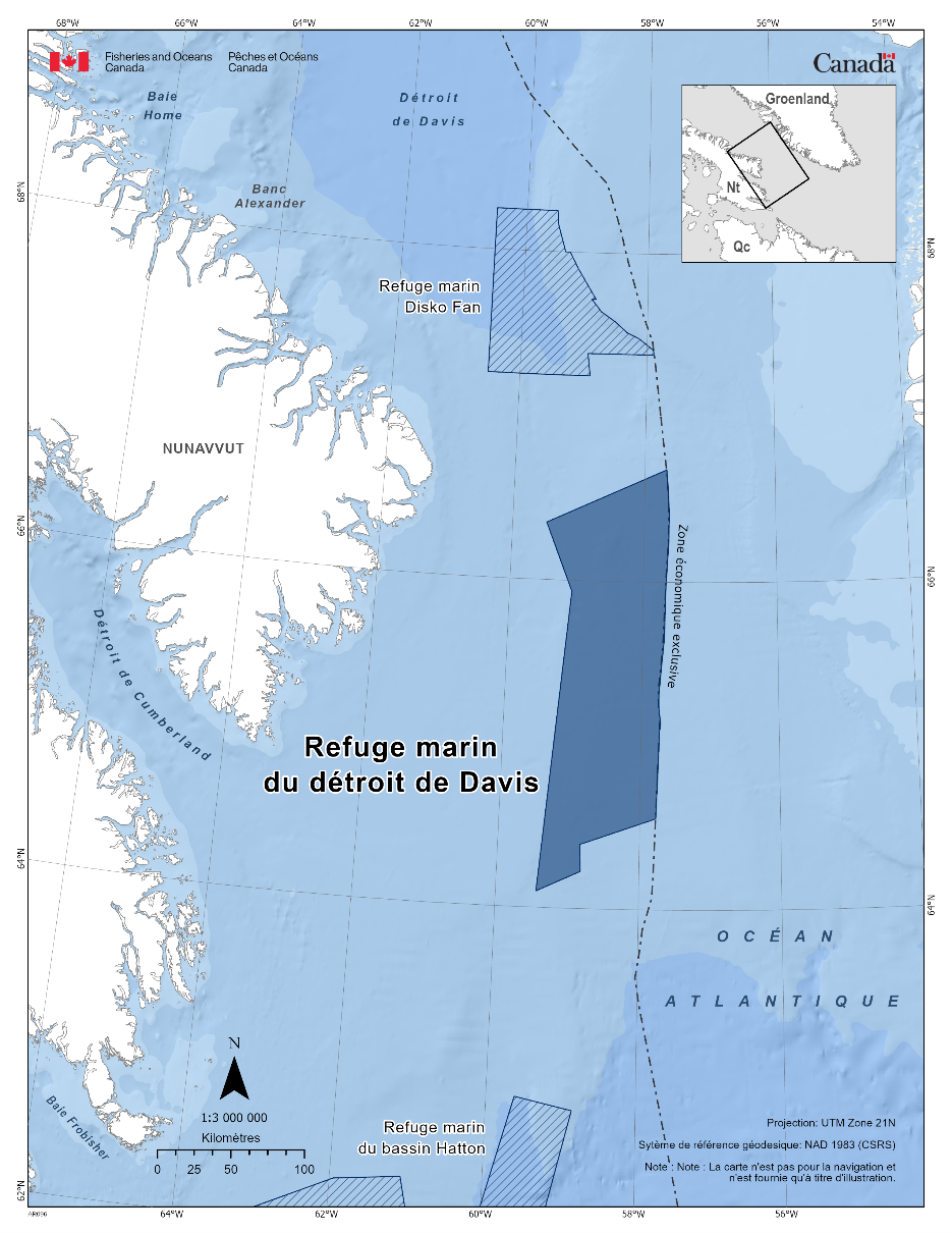 Carte du refuge marin du détroit de Davis en bleu foncé. La carte présente également d'autres refuges marins à proximité avec des lignes diagonales bleu foncé (refuge marin de Disko Fan et refuge marin du bassin Hatton). 