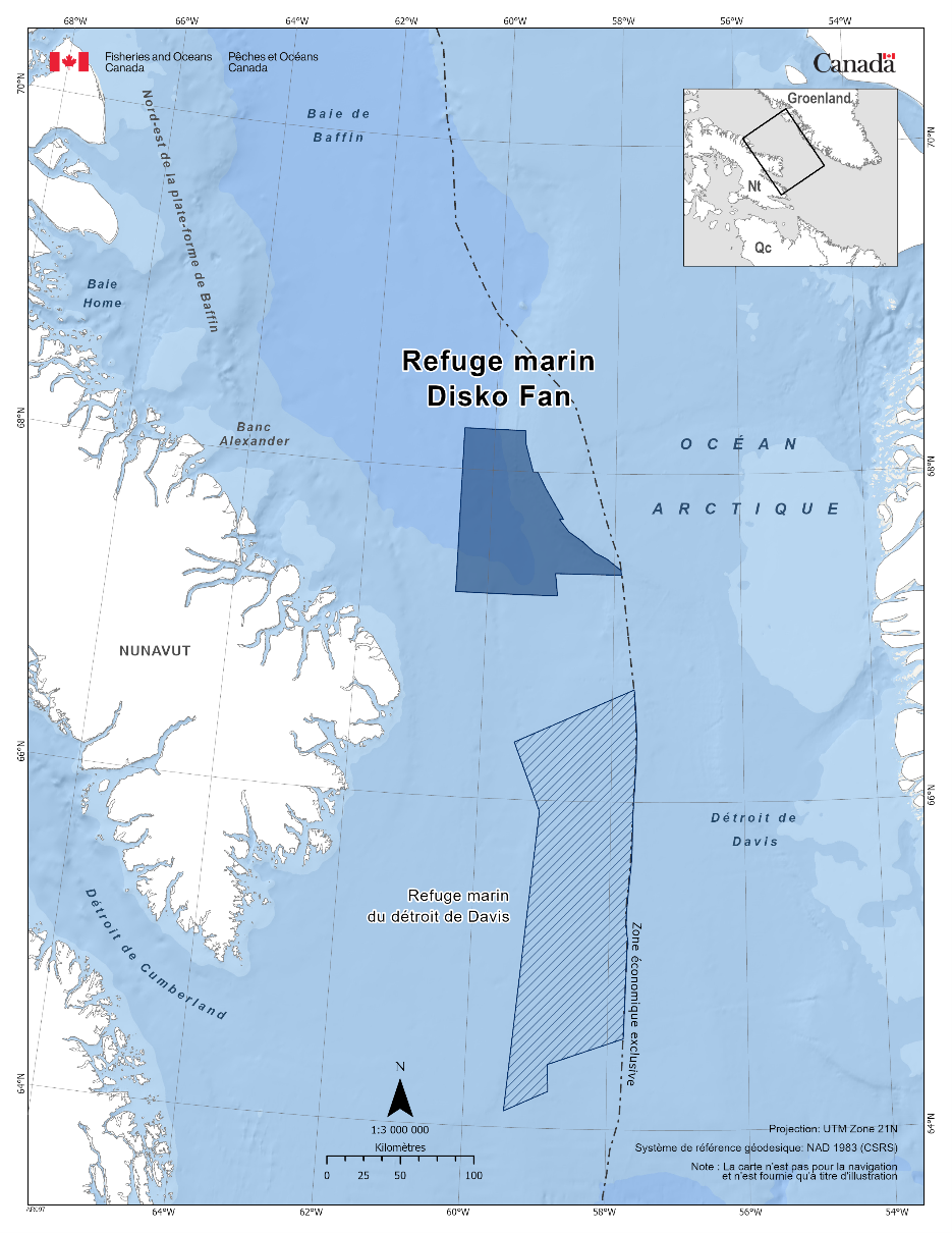 Carte du refuge marin de Disko Fan en bleu foncé. La carte présente également d'autres refuges marins à proximité avec des lignes diagonales bleu foncé (refuge marin du détroit de Davis). 