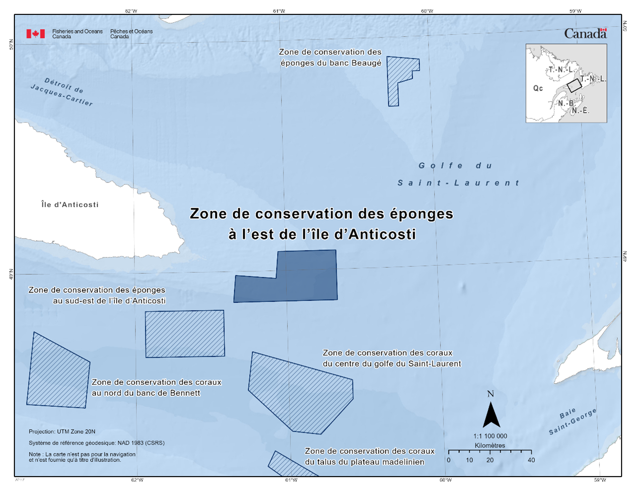 Carte de la zone de conservation des éponges à l’est de l’île d’Anticosti en bleu foncé. La carte présente également les autres refuges marins à proximité avec des lignes diagonales bleu foncé (aire de conservation de l'éponge du banc de Beaugé, aire de conservation de l'éponge du sud-est de l'île d'Anticosti, aire de conservation du corail du nord du banc de Bennett, aire de conservation du corail du talus des hauts-fonds de la Madeleine et aire de conservation du corail du centre du golfe du Saint-Laurent). 