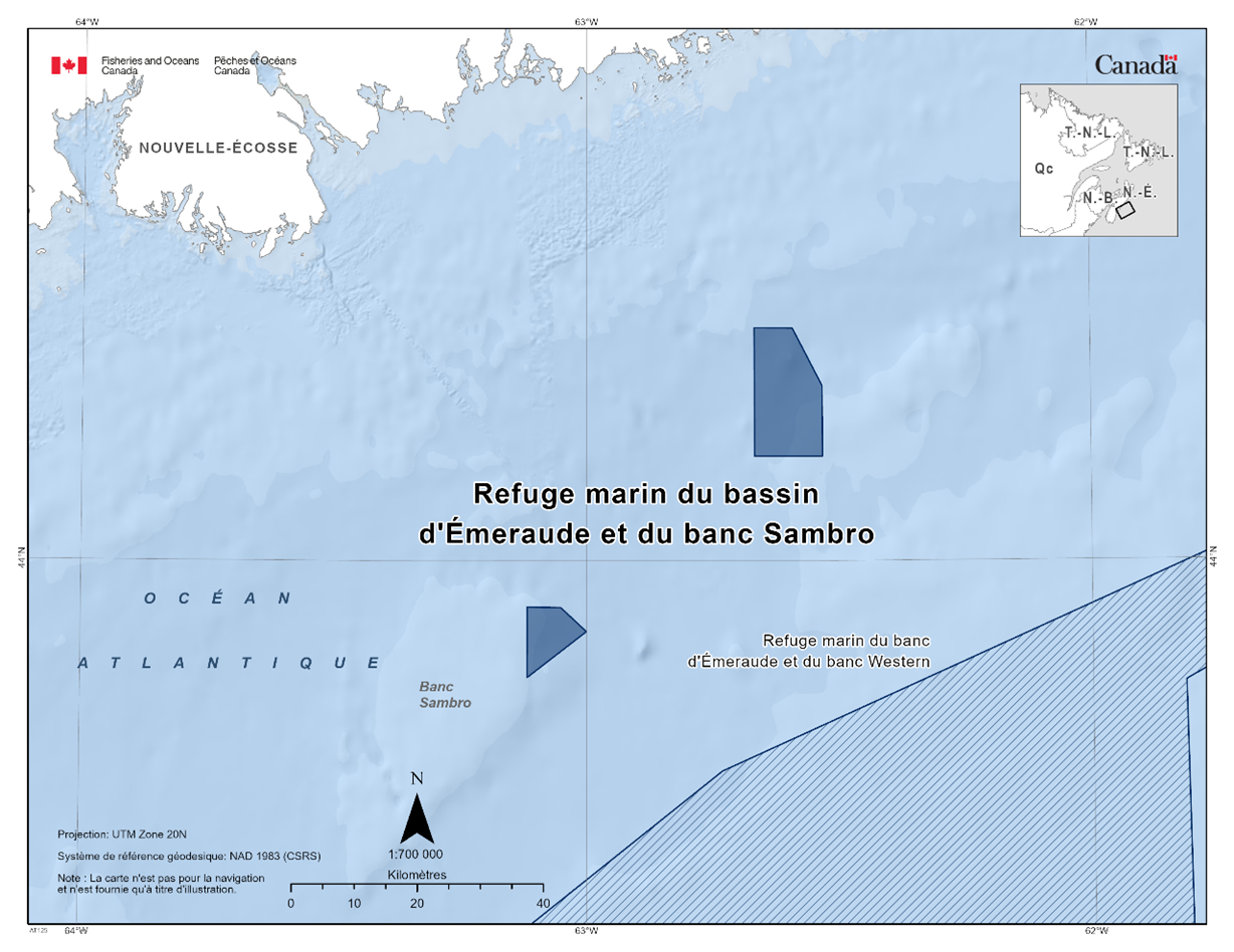 Carte du refuge marin des éponges du bassin d'Emeraude et du banc Sambro en bleu foncé. La carte présente également d'autres refuges marins situés à proximité avec des lignes diagonales bleu foncé (Western et Emerald Banks Marine Refuge).