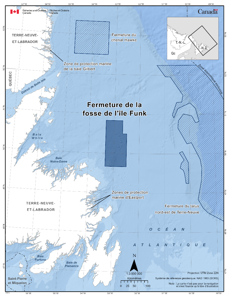 Carte de la fermeture de la fosse de l'île Funk en bleu foncé. La carte montre également d'autres refuges marins à proximité avec des lignes diagonales bleu foncé (fermeture du chenal Hawke & fermeture de la pente nord-est de Terre-Neuve).