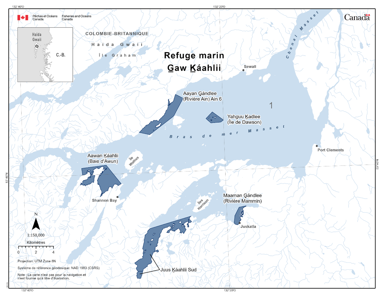 Carte du refuge marin G̱aw Ḵáahlii en bleu foncé situé dans les bras de mer Masset.