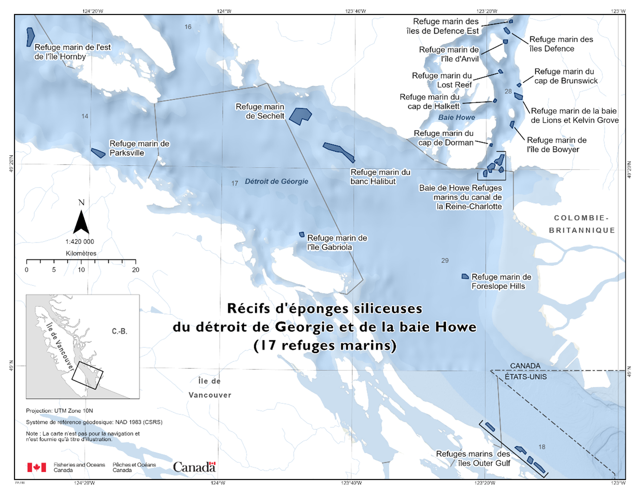 Carte des récifs d’éponges siliceuses du détroit de Georgia et de la baie Howe en bleu foncé. 