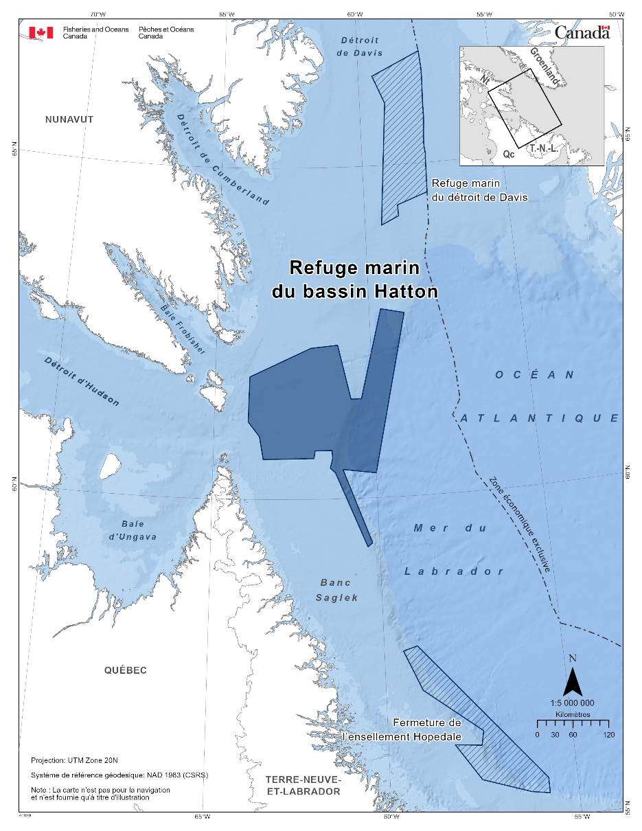 Carte du refuge marin du bassin Hatton en bleu foncé. La carte présente 
  également d'autres refuges marins à proximité avec des lignes diagonales bleu
  foncé (refuge marin Davis & fermeture de l’ensellement Hopedale). 