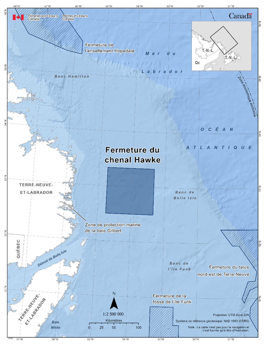 Carte de la fermeture du chenal Hawke en bleu foncé. La carte inclut également les autres refuges marins situés à proximité avec des lignes diagonales bleu foncé (fermeture de l’ensellement Hopedale, fermeture de la fosse de l’île Funk, fermeture du talus nord-est de Terre-Neuve). 