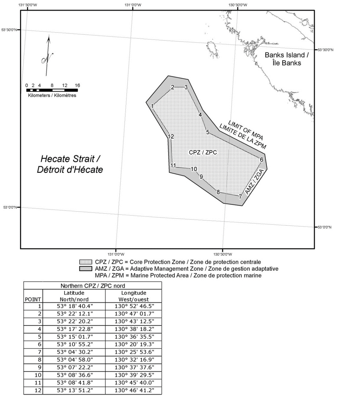 Carte de l'aire marine protégée de Northern Reef, représentant la zone centrale de protection, la zone de gestion adaptative et l'aire marine protégée en différentes nuances de gris. Les coordonnées se trouvent dans le coin inférieur gauche.