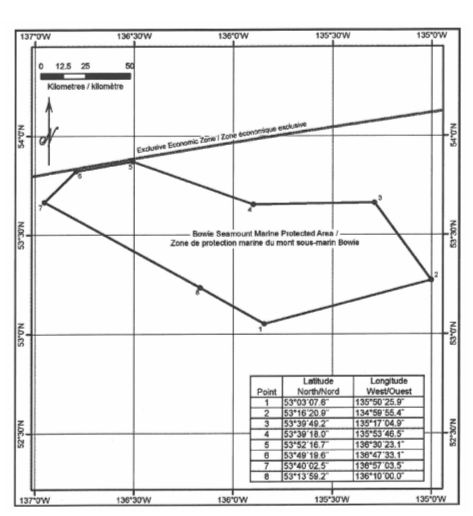 Carte de la zone marine protégée du mont sous-marin Bowie. Les coordonnées de la zone marine protégée se trouvent dans le coin inférieur droit. 