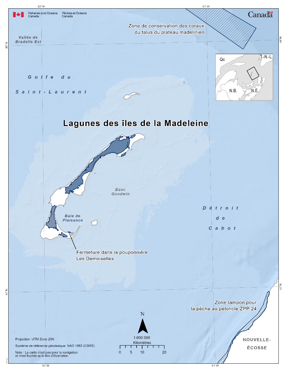 Carte des lagunes des Îles-de-la-Madeleine en bleu foncé. La carte présente également les refuges marins situés à proximité par des lignes diagonales bleu foncé (zone de conservation des coraux du nord du banc Bennett, zone de conservation des coraux du centre du golfe du Saint-Laurent, zone de conservation des coraux de la pente des hauts-fonds de la Madeleine, zone de conservation des coraux de l'est du golfe du Saint-Laurent, zone tampon pour le pétoncle ZPP 24, pouponnière Les Demoiselles).