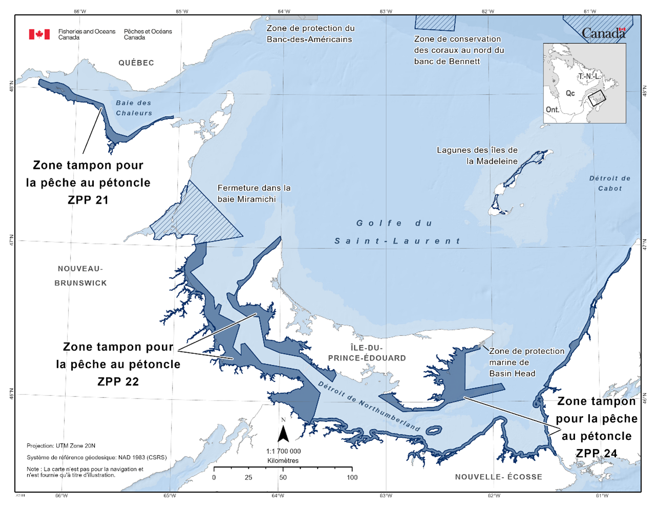 Carte de les zones tampons pour la pêche de pétoncle ZPP 21, ZPP 22 et ZPP 24 représentée en bleu foncé. La carte inclut également les autres refuges marins situés à proximité avec des lignes diagonales bleu foncé (zone de conservation du corail du nord du banc Bennett, lagunes des Îles-de-la-Madeleine, baie de Miramichi).