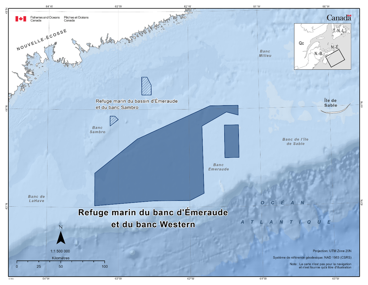 Carte du refuge marine du banc d’Émeraude et du banc Western en bleu foncé. La carte présente également d'autres refuges marins situés à proximité avec des lignes diagonales bleu foncé (le refuge marin des éponges du bassin d'Émeraude et du banc Sambro). 