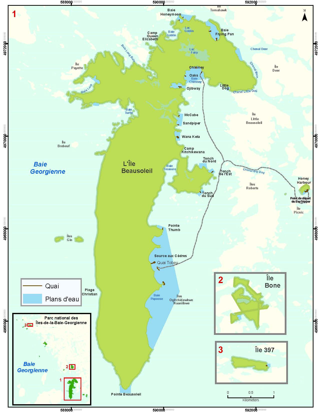 Carte du parc national du Canada des Îles-la-Baie-Georgienne
                 indiquant les quais, les plans d'eau et ses limites.