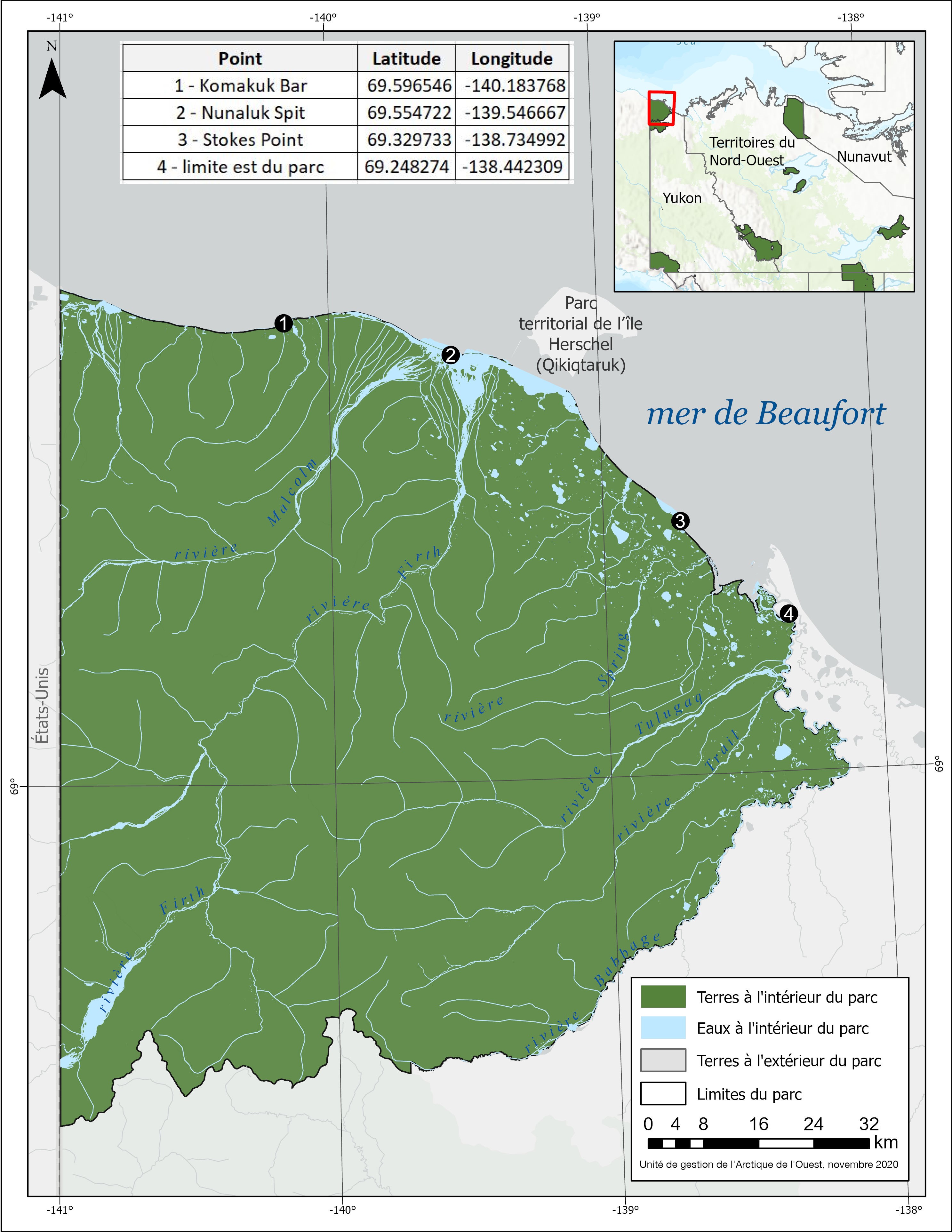 Carte du parc 
                 national du Canada Ivvavik avec des points de coordonnées pour
                 indiquer ses limites lorsqu'on y accède par l'eau.